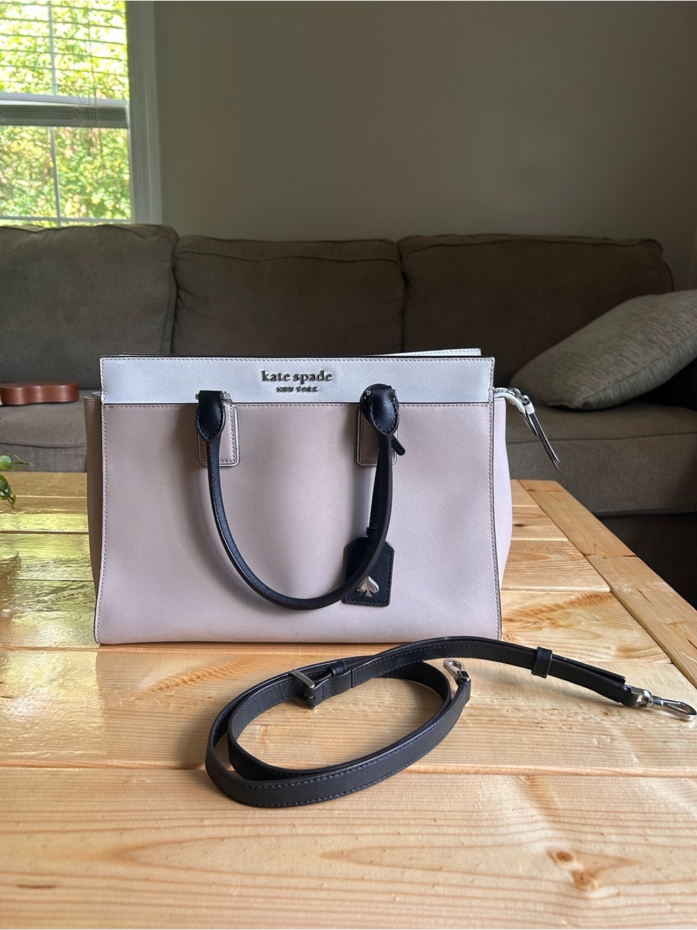 kate spade Two-Tone taupe and Black Leather Satchel